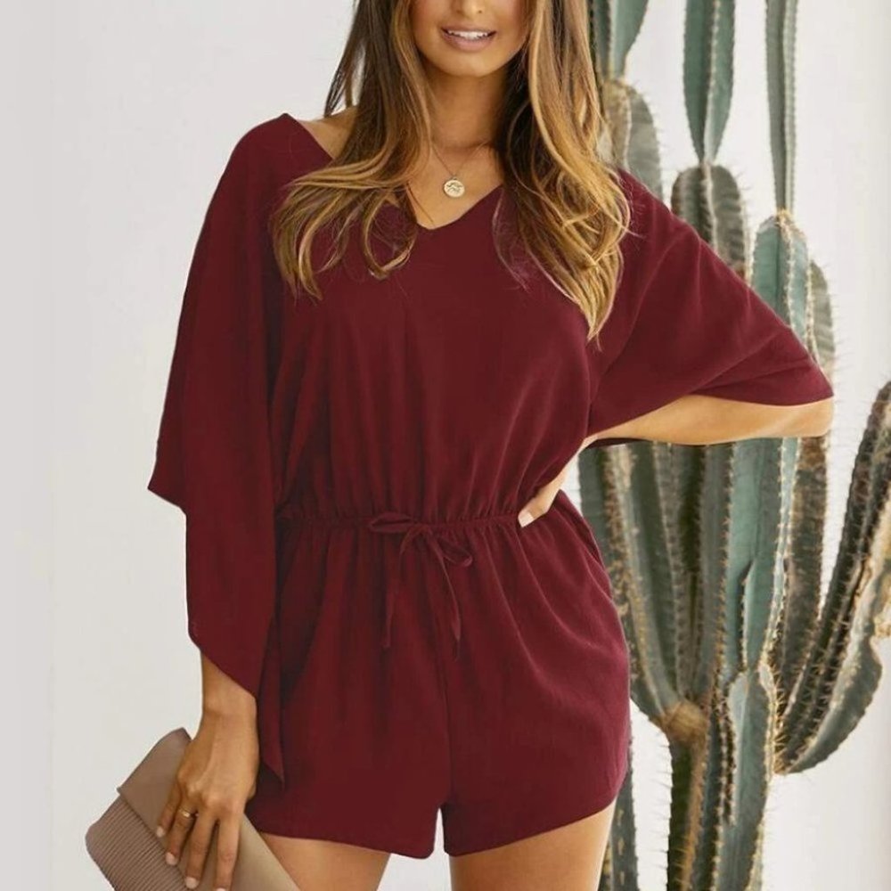 BURGUNDY contemporary drawstring waist romper - Picture 3 of 4